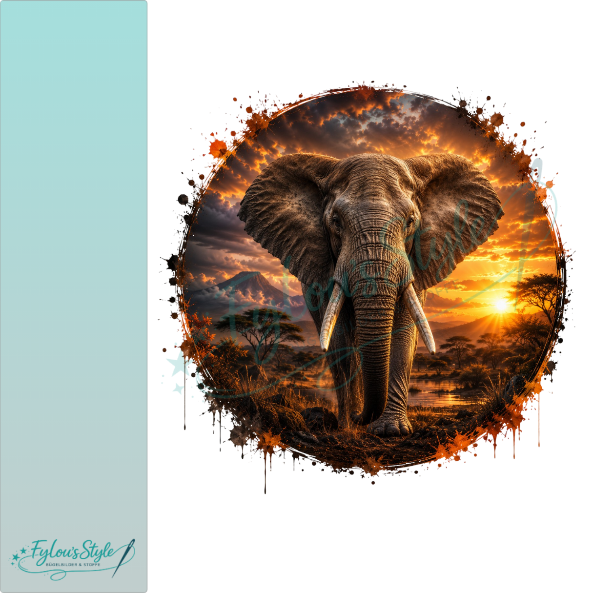 Bügelbild Majesteschicher Elefant im Sonnenuntergang