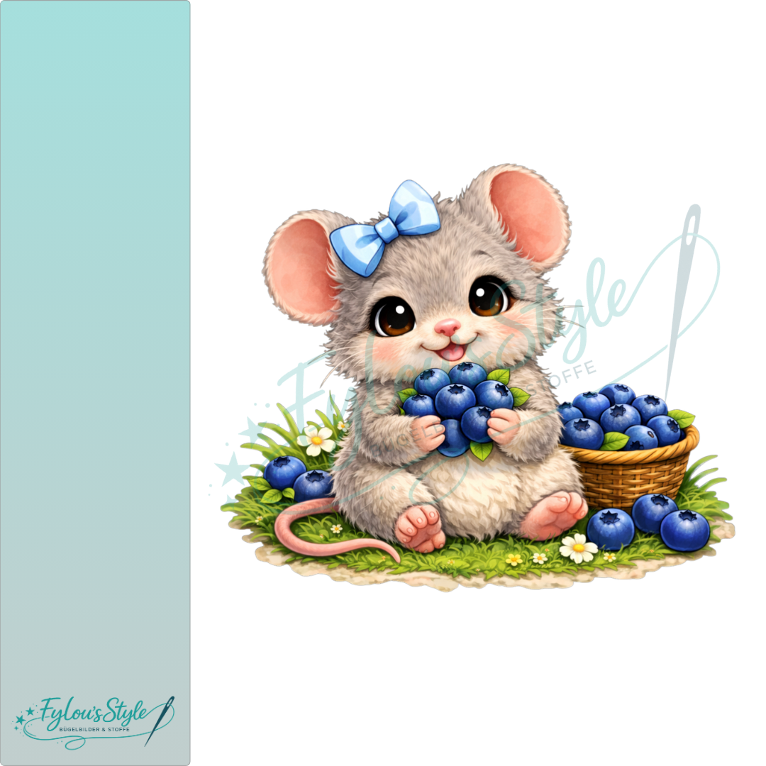 Bügelbild Maus mit Heidelbeeren