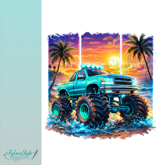 Bügelbild Monstertruck am tropischen Strand
