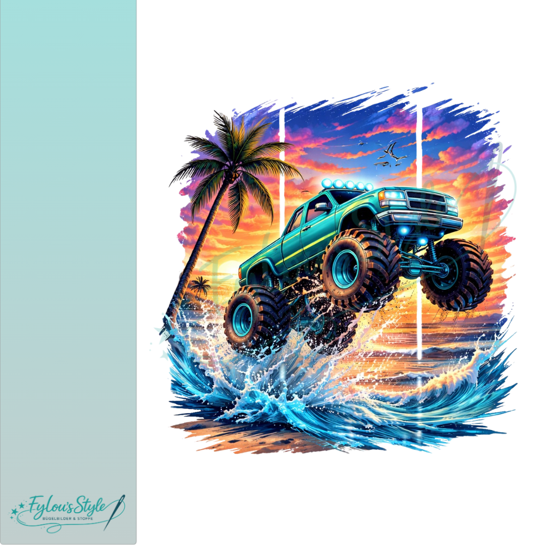 Bügelbild Monstertruck im Sonnenuntergang