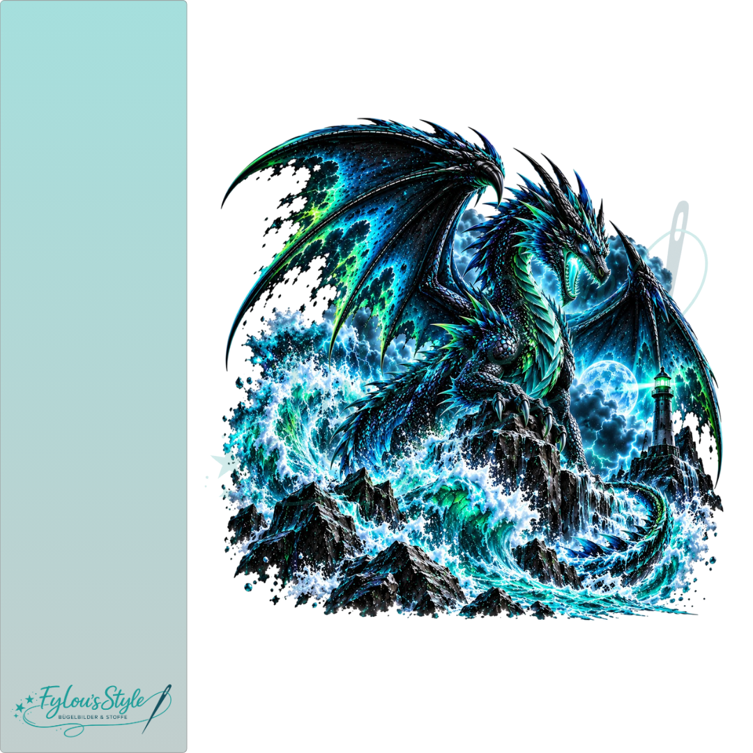 Bügelbild Neondrache im Sturmmeer