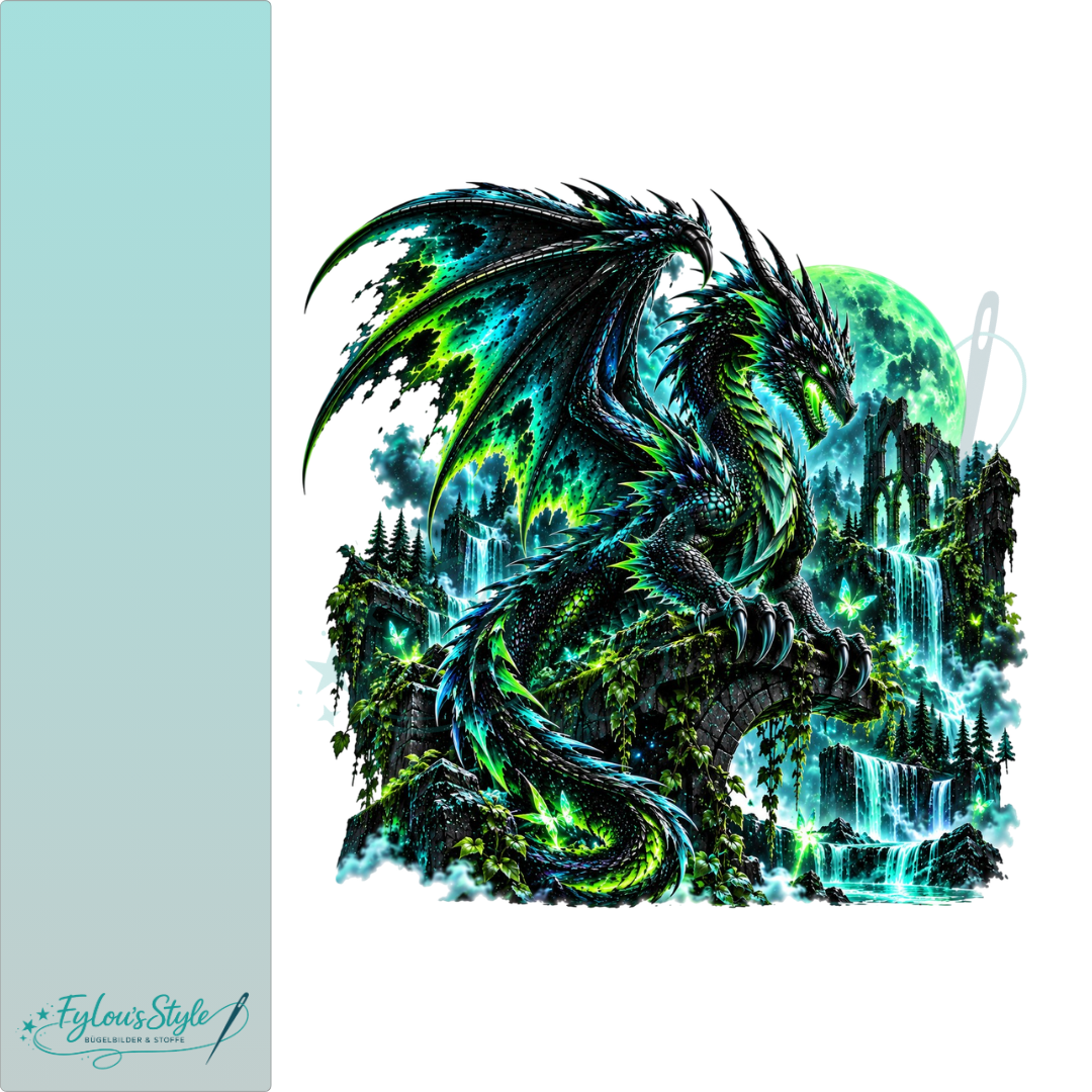 Bügelbild Neondrache über moosigen Ruinen