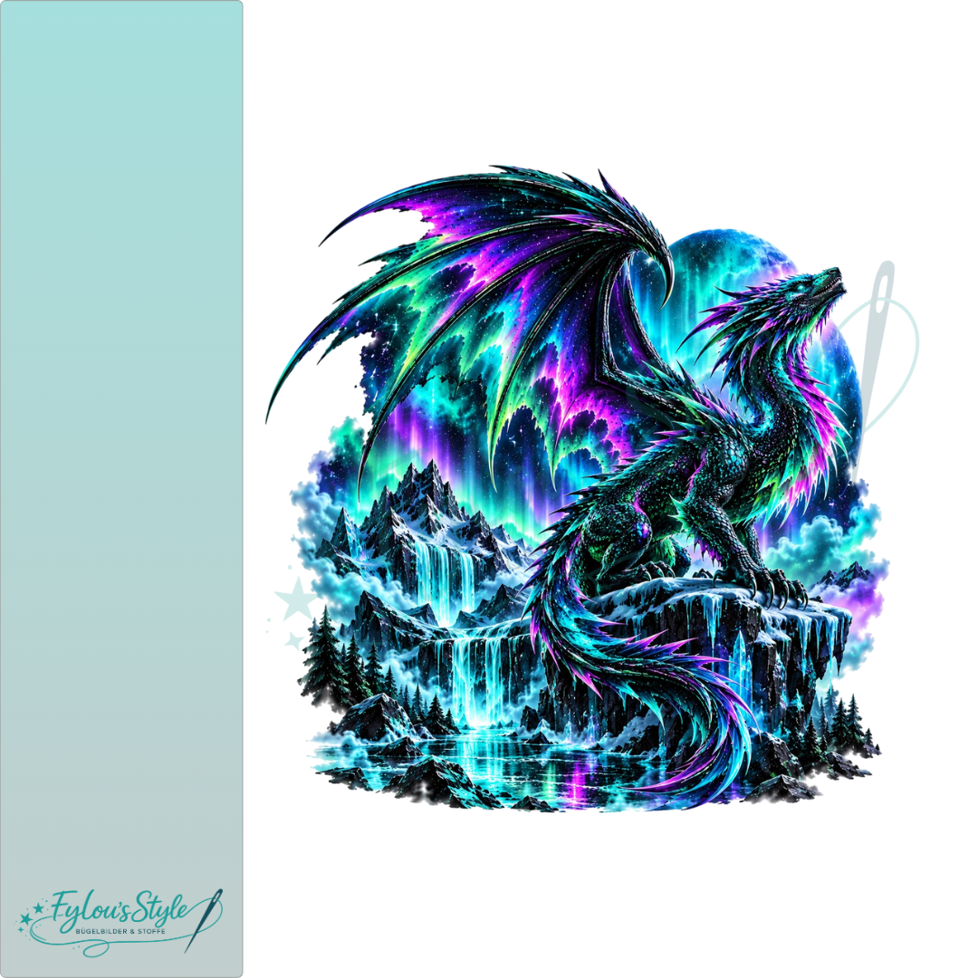 Bügelbild Neondrache unter Polarlichtern