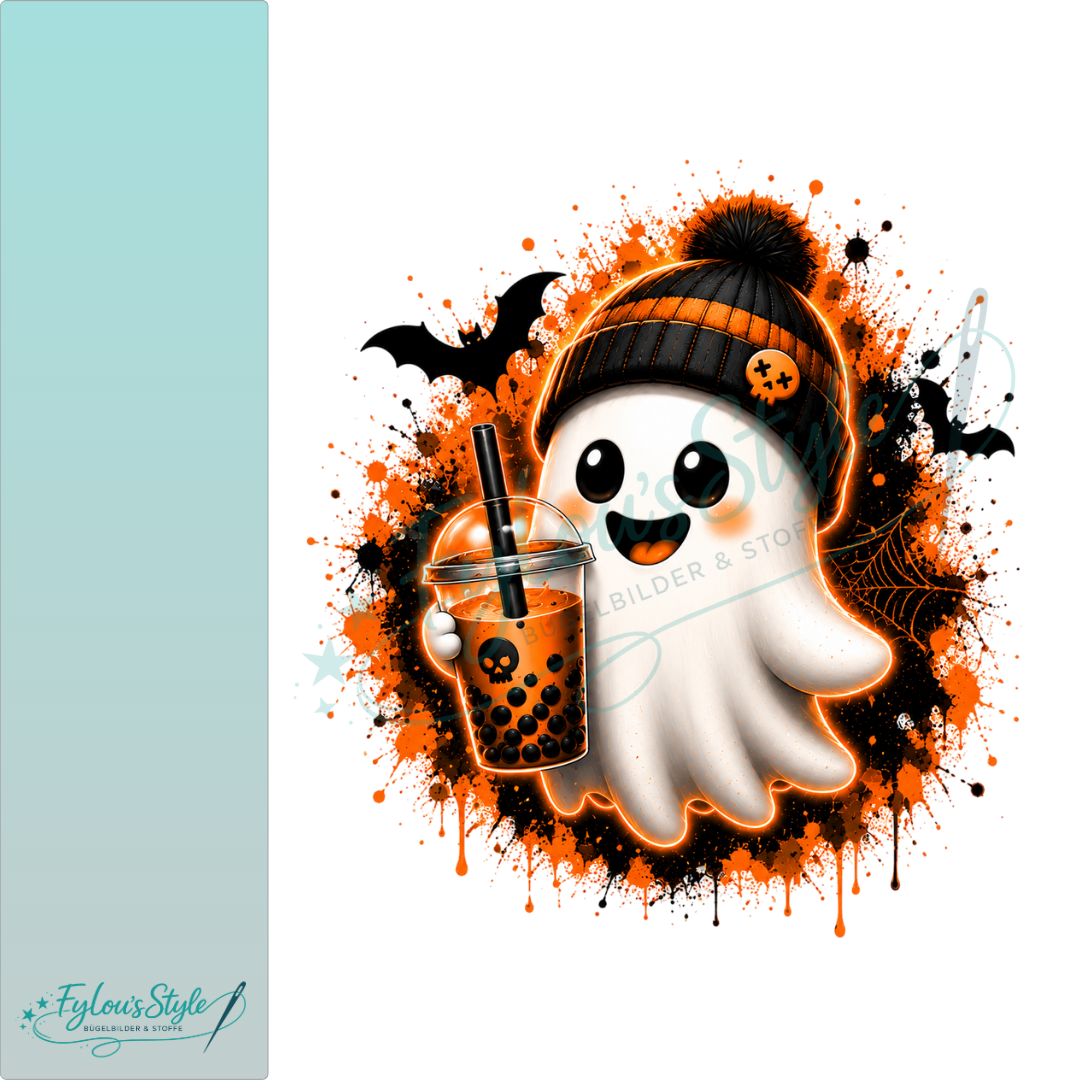 Bügelbild Niedlicher Geist mit Bubble Tea Neon Orange