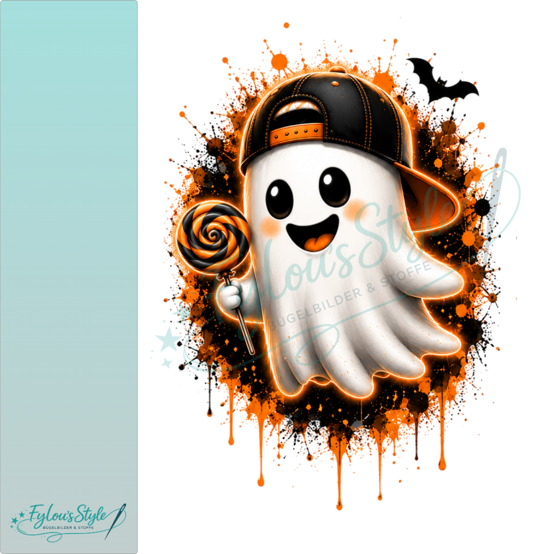 Bügelbild Niedlicher Geist mit Lolli Neon Orange