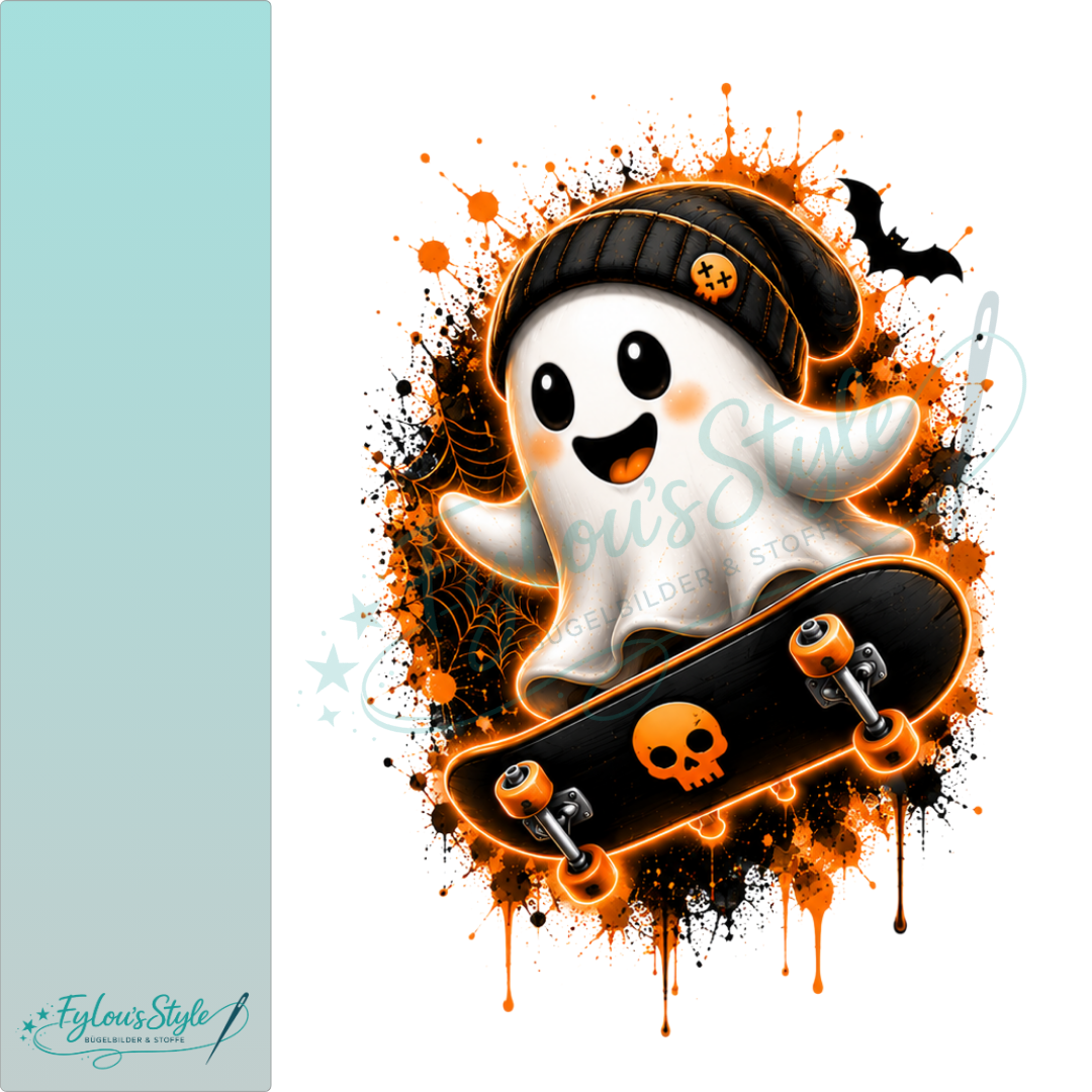 Bügelbild Niedlicher Geist mit Skateboard Neon Orange