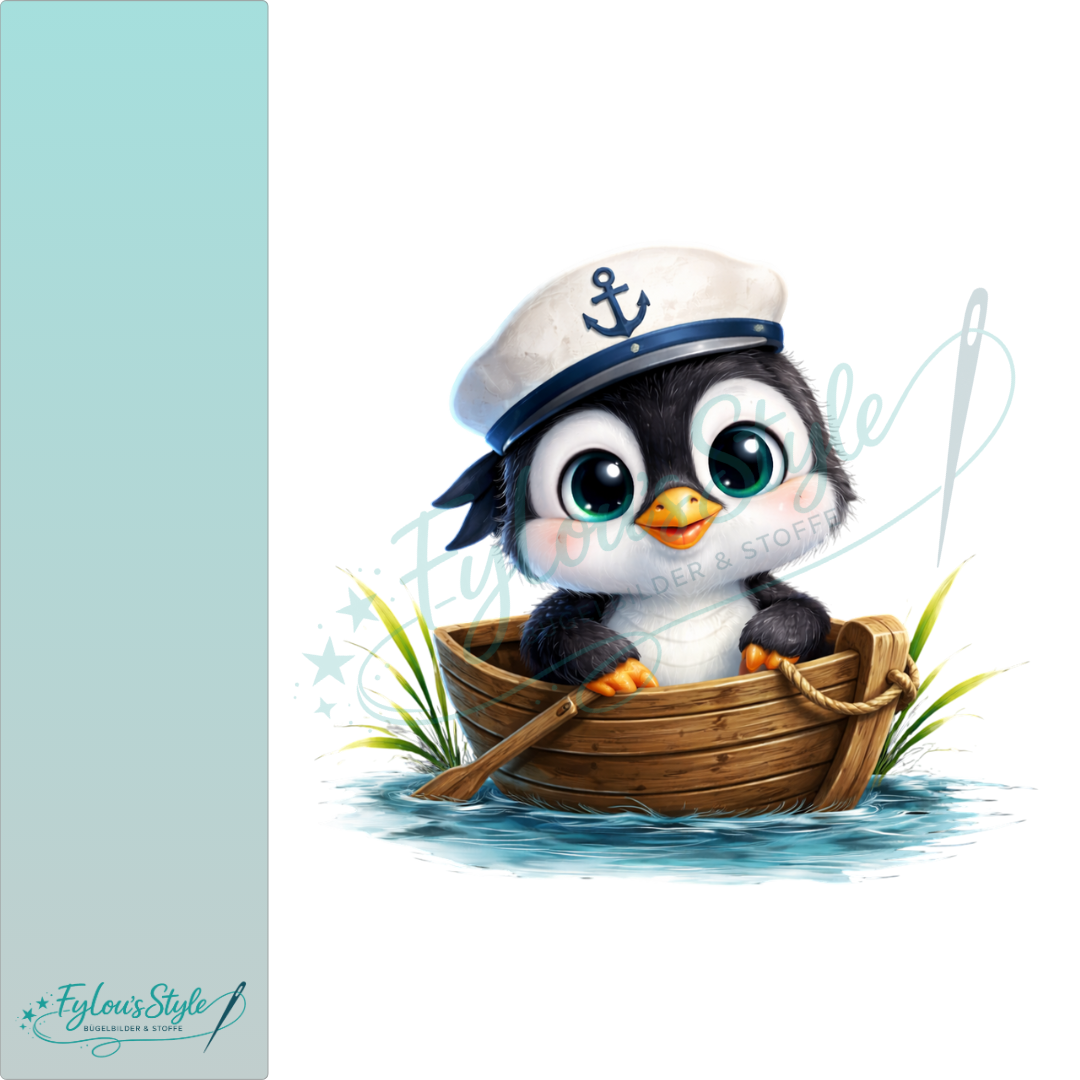 Bügelbild schwarzer Pinguin im Boot
