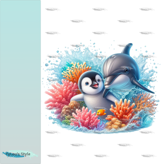 Bügelbild Pinguin schwimmt mit Delfin #1 Fylou's Style