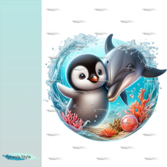 Bügelbild Pinguin schwimmt mit Delfin #2 Fylou's Style