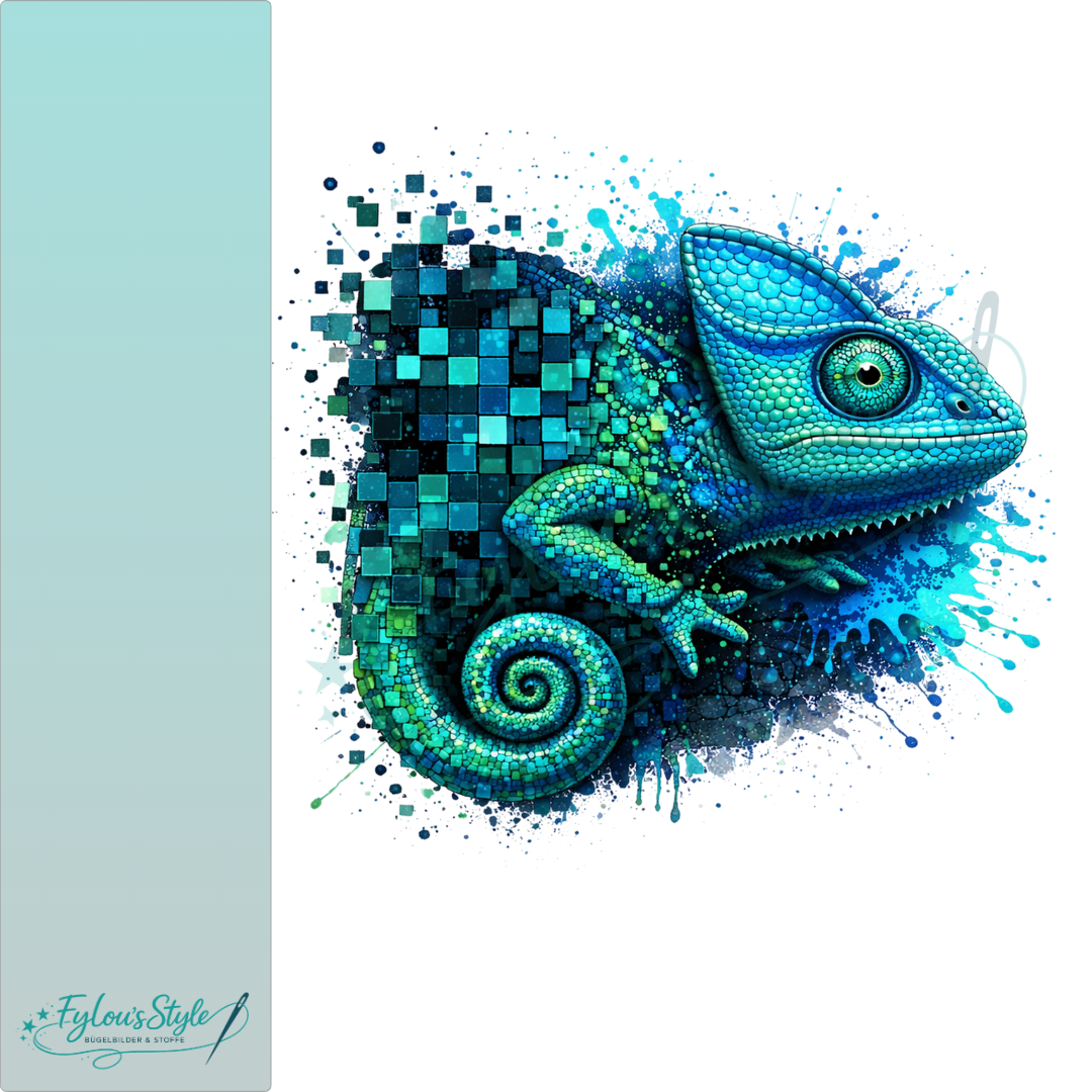 Bügelbild Pixel Splash Chamäleon Aqua