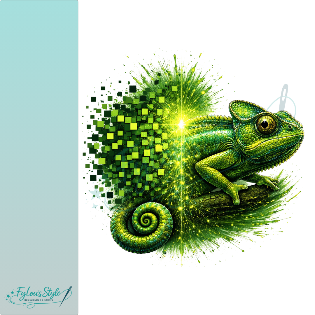 Bügelbild Pixel Splash Chamäleon Grün #2