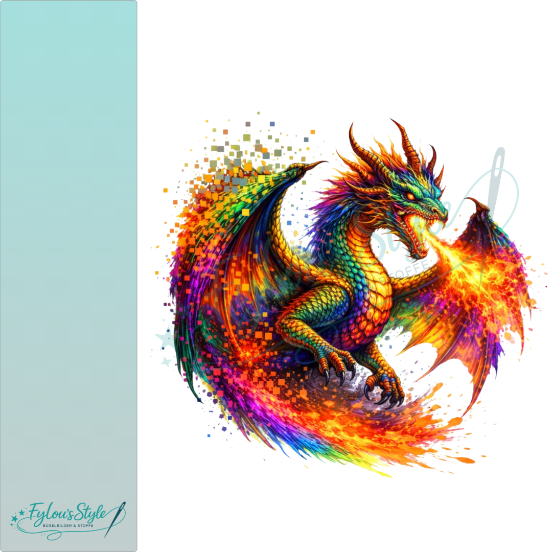 Bügelbild Pixel Splash Drache bunt #2