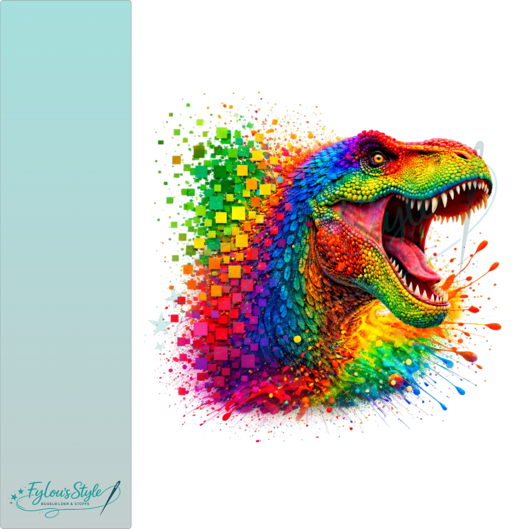 Bügelbild Pixel Splash T-Rex bunt