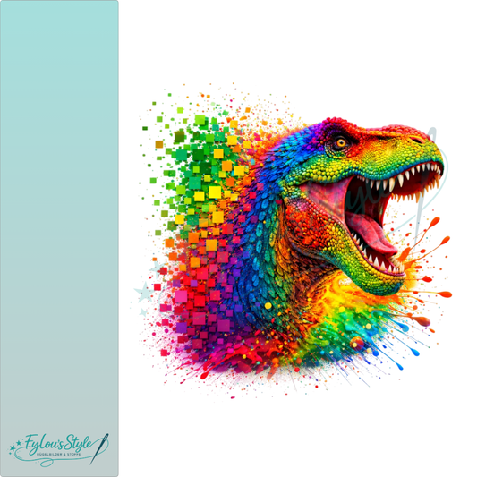 Bügelbild Pixel Splash T-Rex bunt