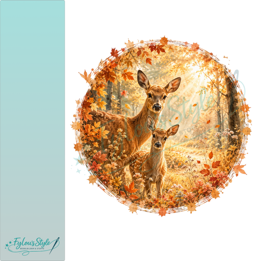 Bügelbild Reh mit Kits im Herbstwald
