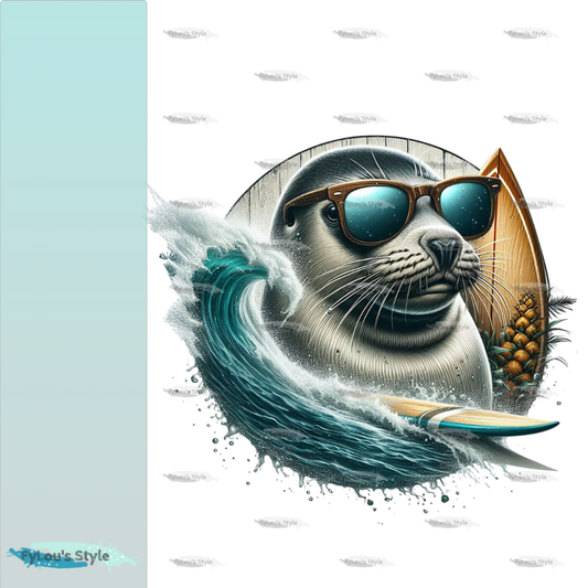 Bügelbild Robbe mit Surfboard Fylou's Style
