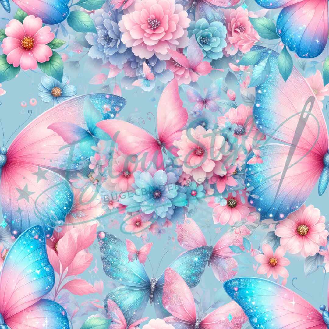 Vorbestellung Bio Jersey "Rosa Schmetterlinge mit Blumen" Überbreite