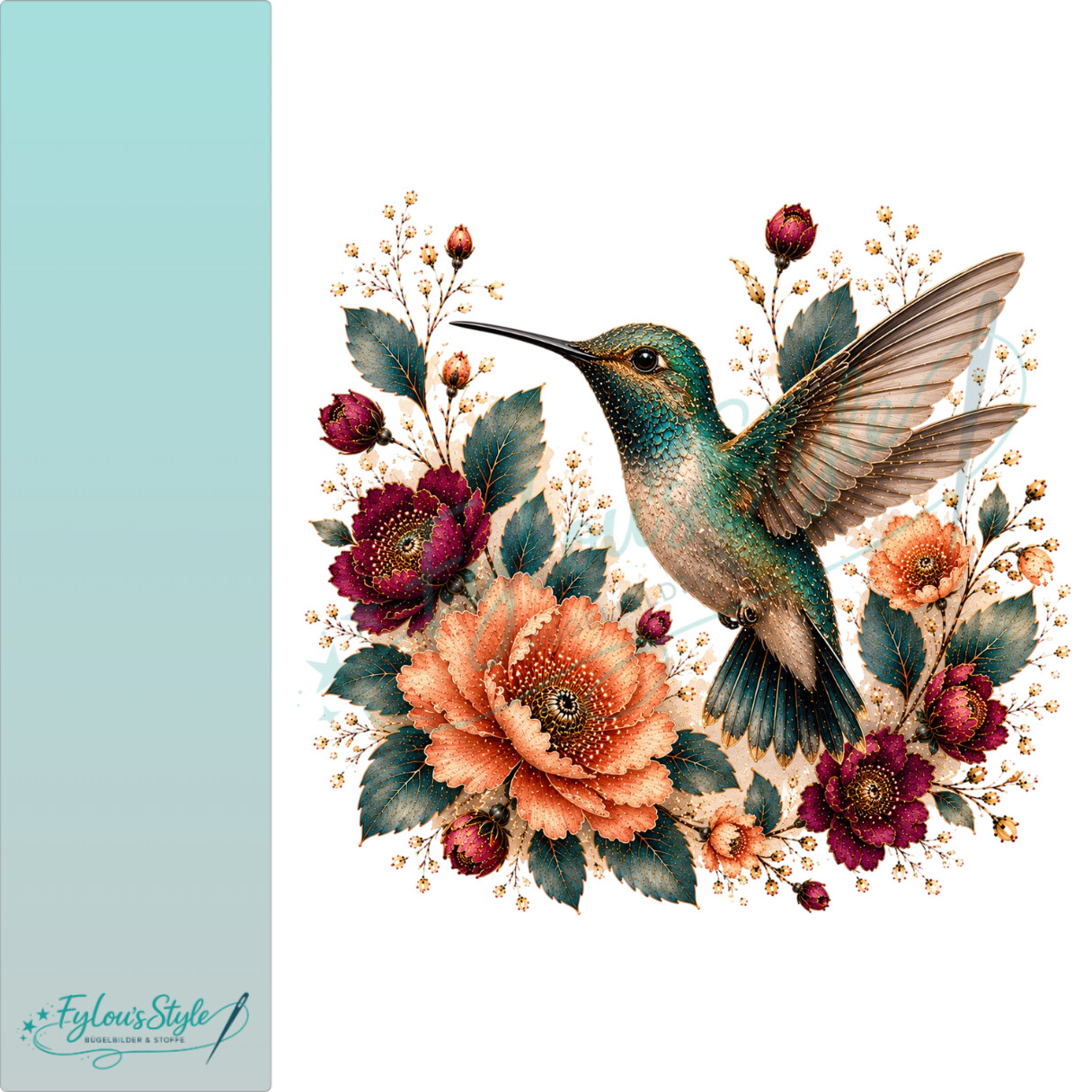 Bügelbild Schwebender Kolibri in floraler Pracht