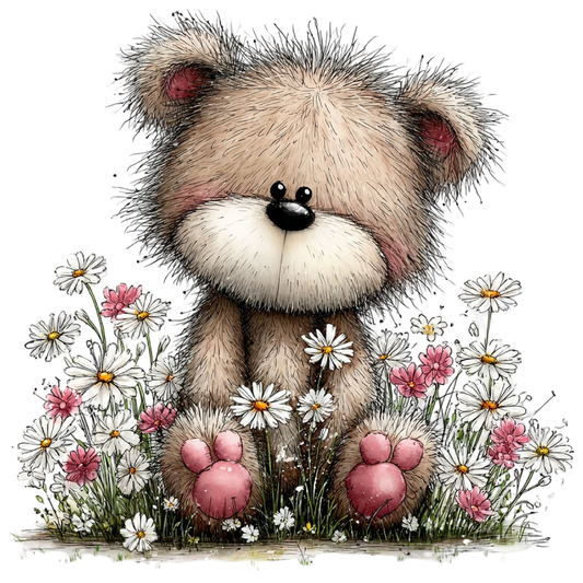 Bügelbild Teddy im Blumenmeer