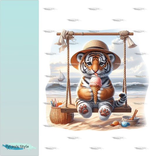 Bügelbild Tiger auf der Schaukel am Strand #1 Fylou's Style