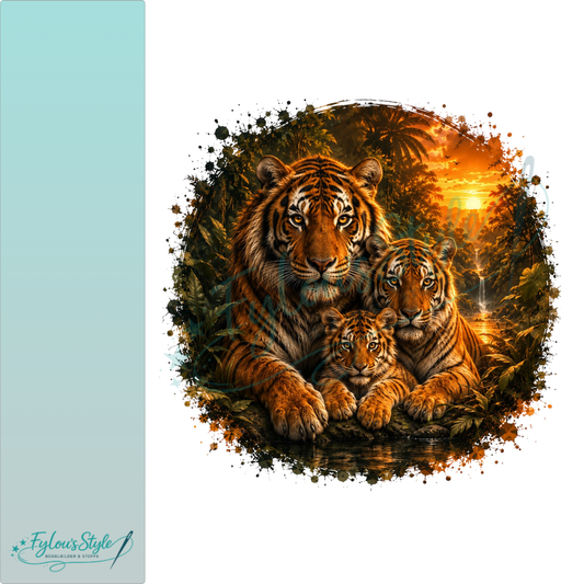 Bügelbild Tigerfamilie im tropischen Sonnenuntergang