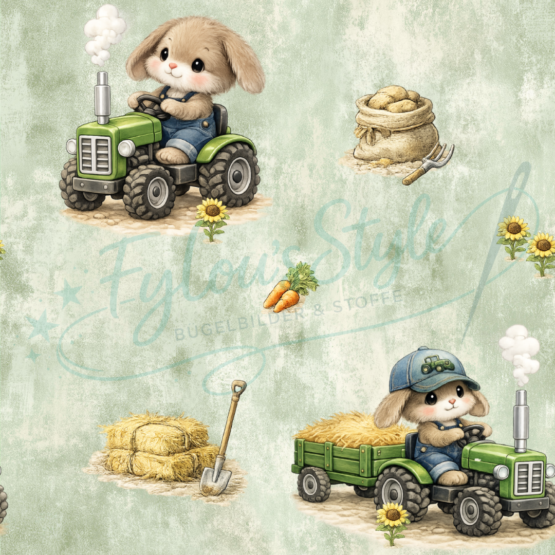 Kinderstoff Traktor Hase