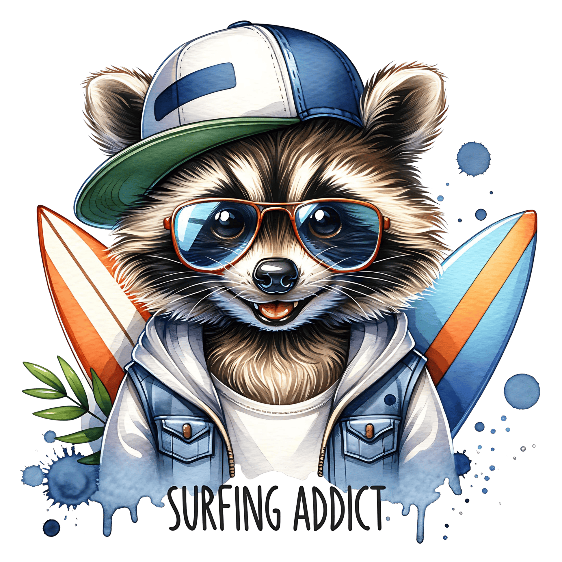 Bügelbild Waschbär cool Surfing Fylou's Style