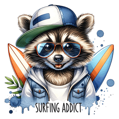 Bügelbild Waschbär cool Surfing Fylou's Style