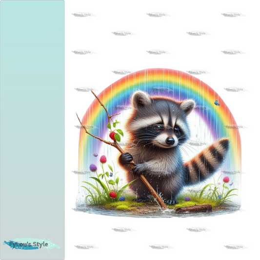 Bügelbild Waschbär unterm Regenbogen