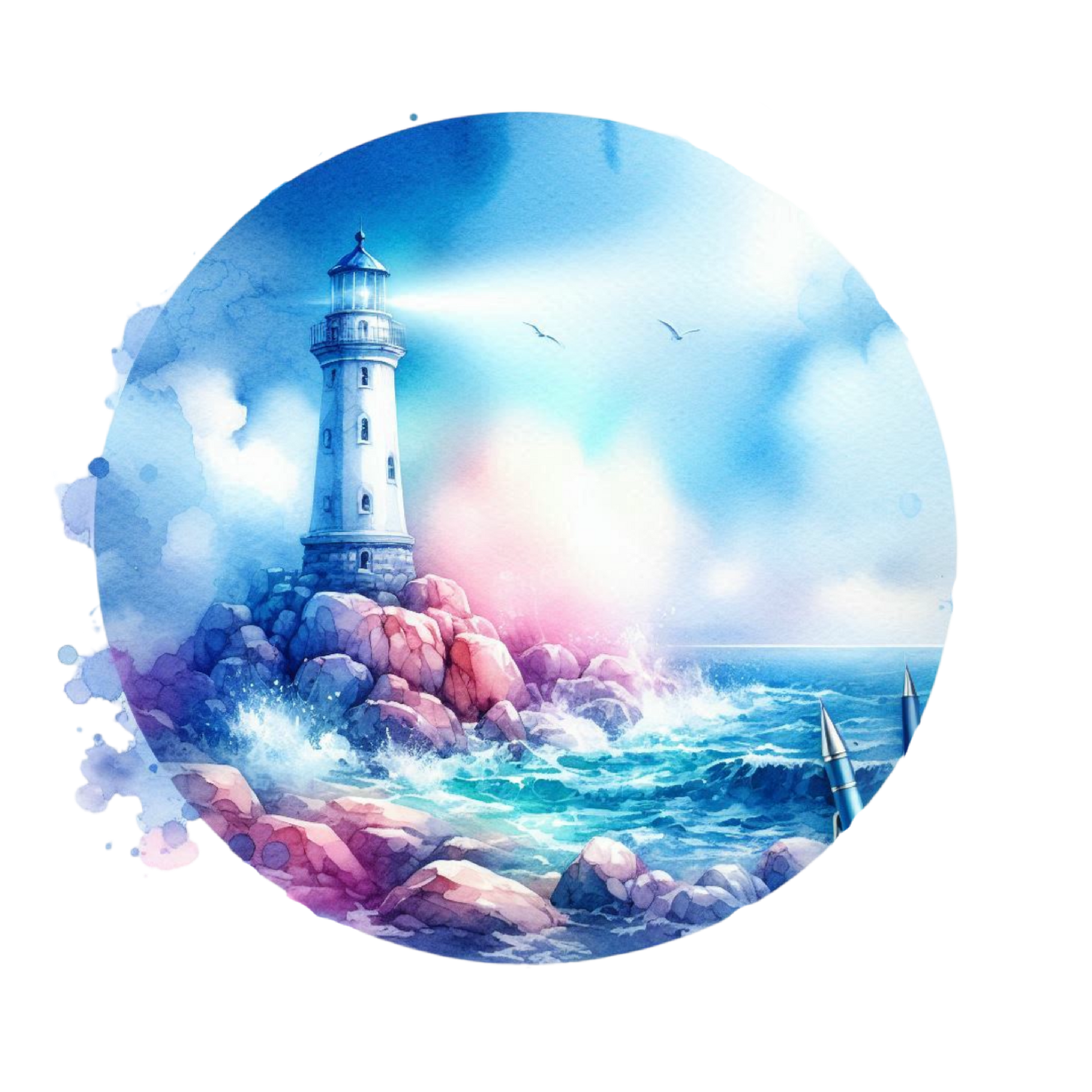 Bügelbild Watercolor Blue Sommer Leuchtturm  #27 Fylou's Style