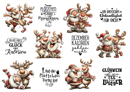 A4 Bogen Rub ON Sticker Weihnachtsmann Elch Bäckerei, Plätzchen Sprüche, randlose Rubons