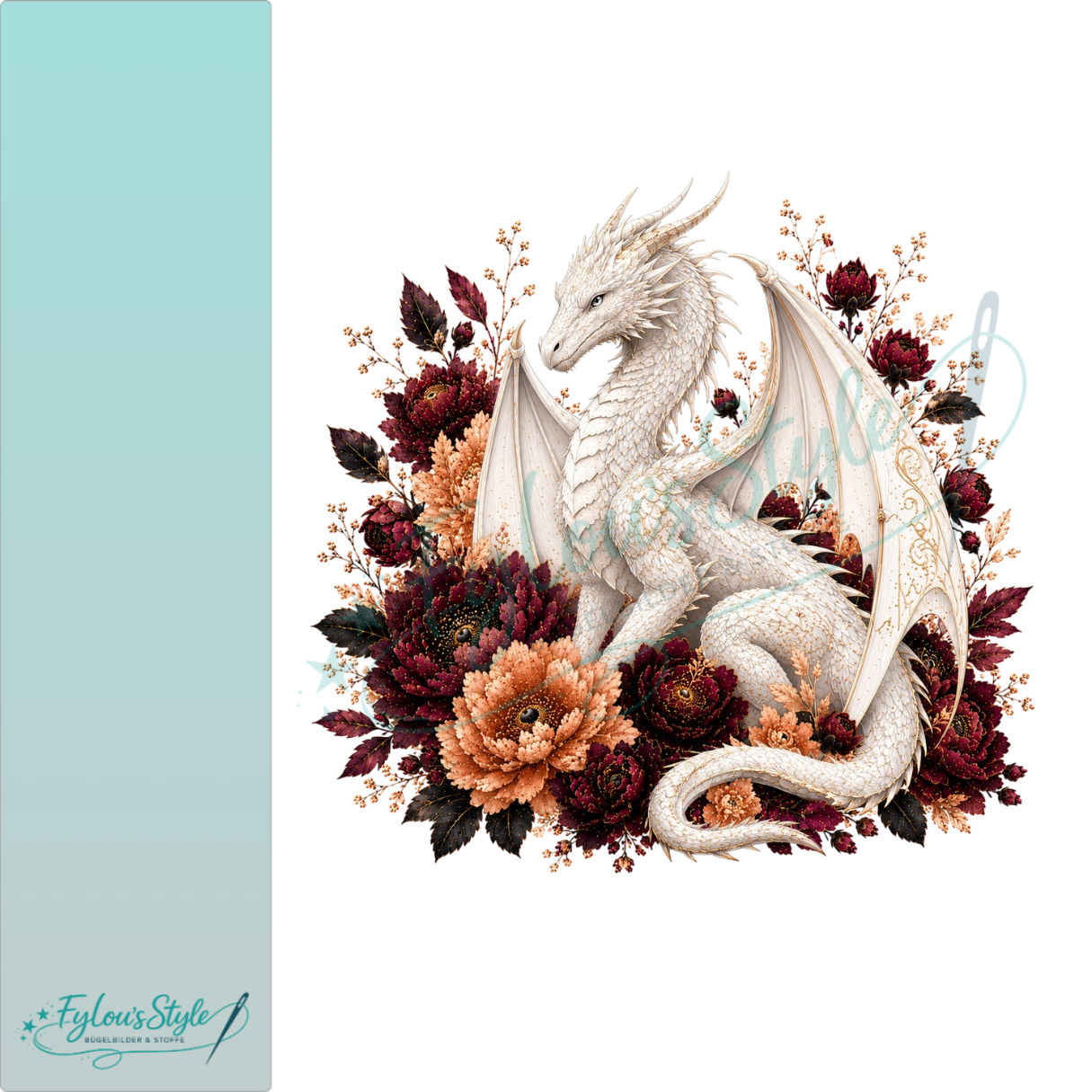 Bügelbild Weißer Drache in Blütenharmonie