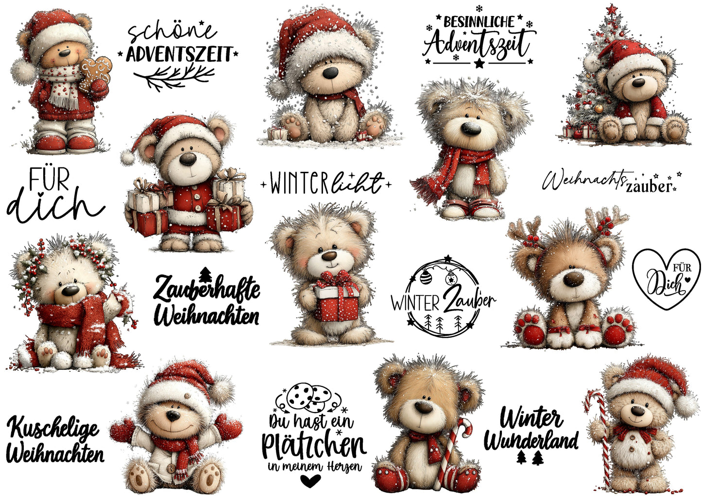 A4 Bogen Rub ON Sticker Winterliche Bären Weihnacht, randlose Rubons