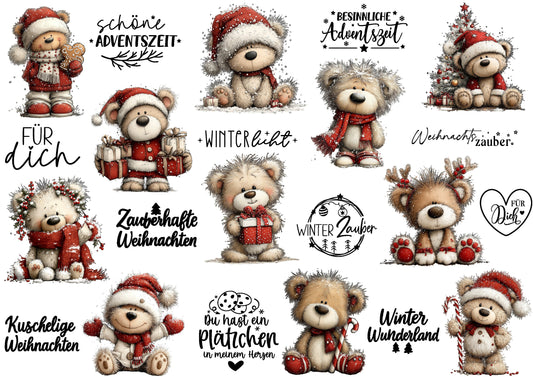 A4 Bogen Rub ON Sticker Winterliche Bären Weihnacht, randlose Rubons