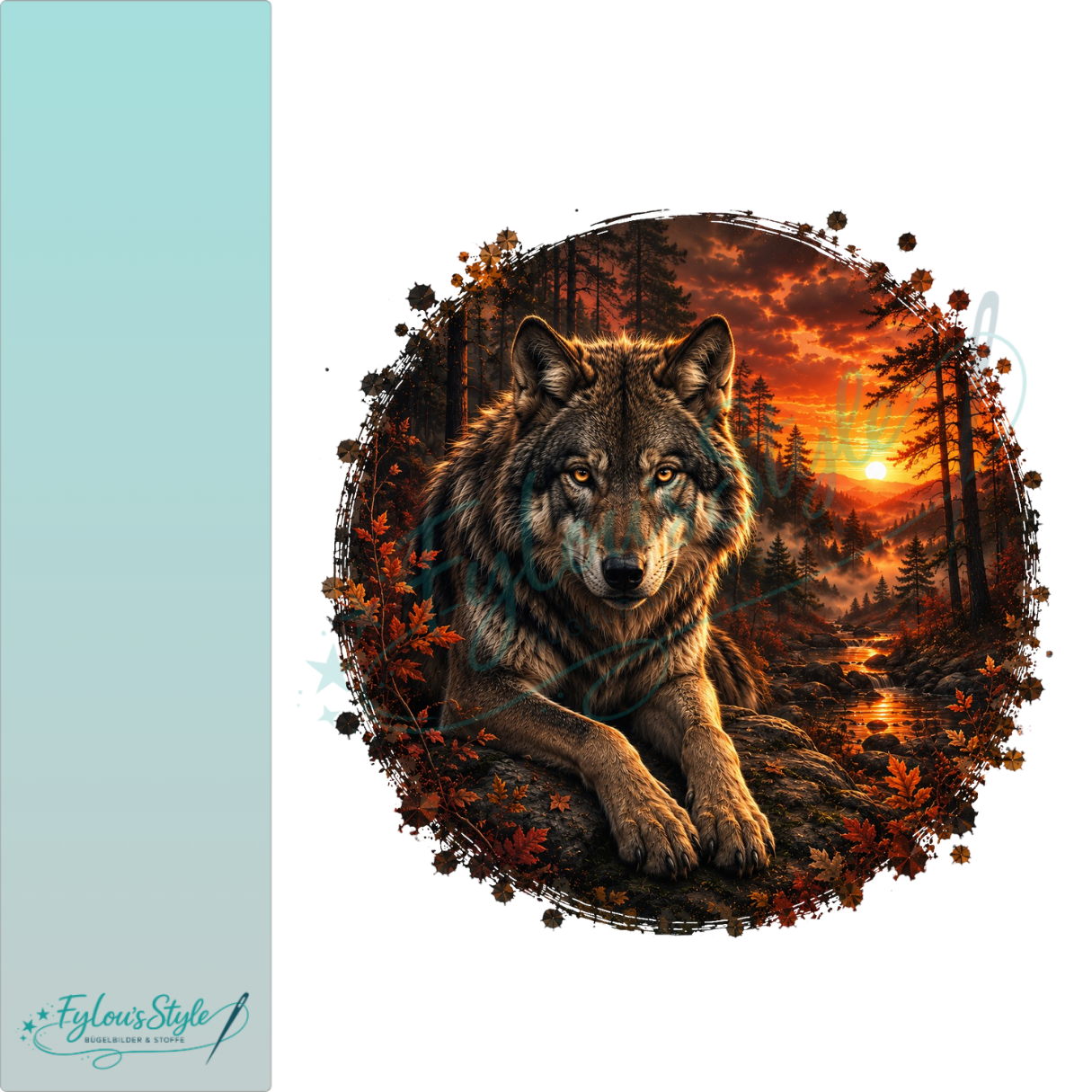 Bügelbild Wolf im Wald bei Sonnenuntergang