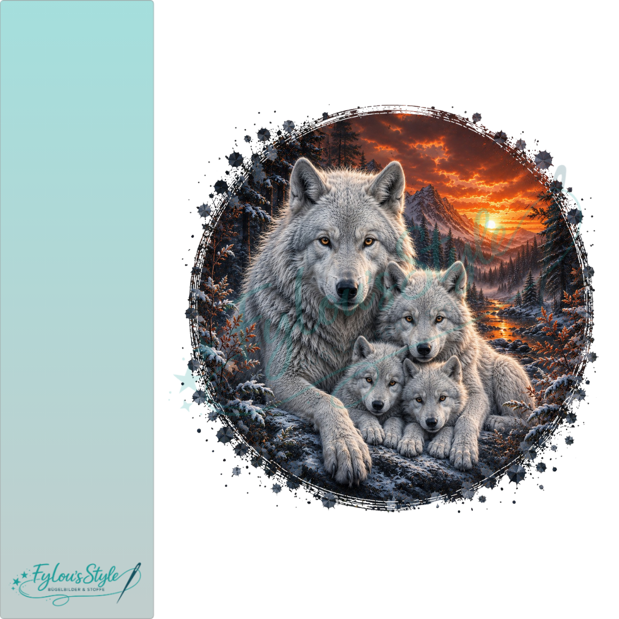 Bügelbild Wolfsfamilie im Sonnenuntergang