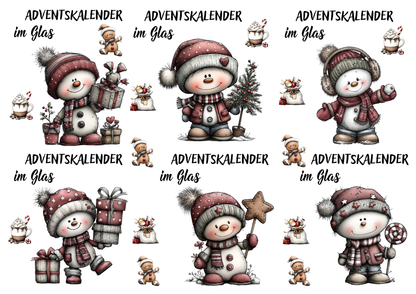 A4 Bogen Rub ON Sticker Adventskalender im Glas, Schneemann, randlose Rubons