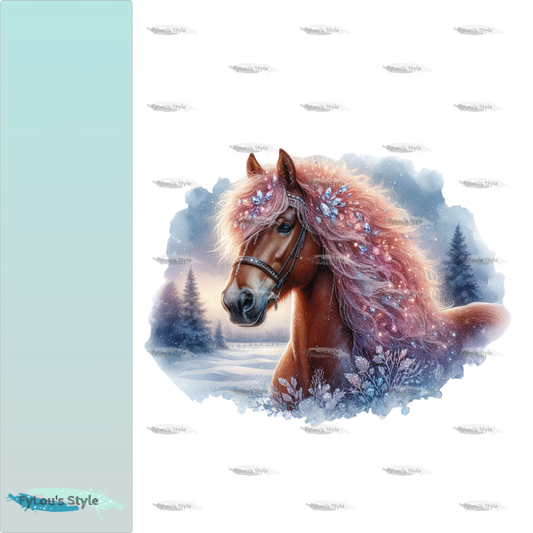 Bügelbild  braunes  Pferd im Winterzauber
