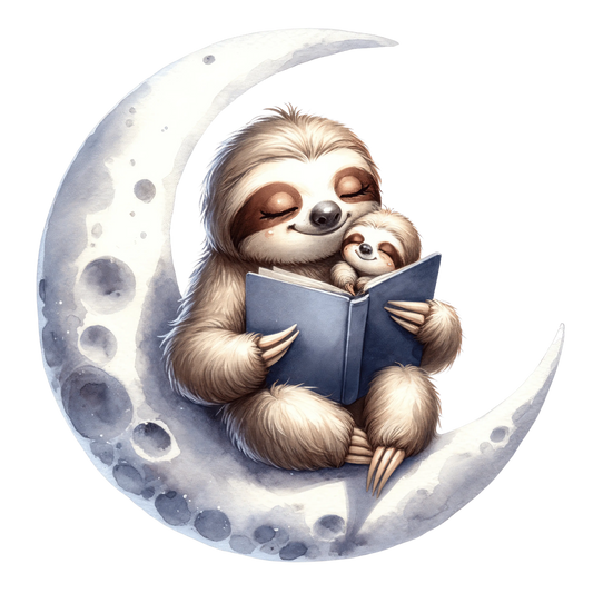 Bügelbild Mama und Baby Faultier liest auf dem Mond - Fylou's Style