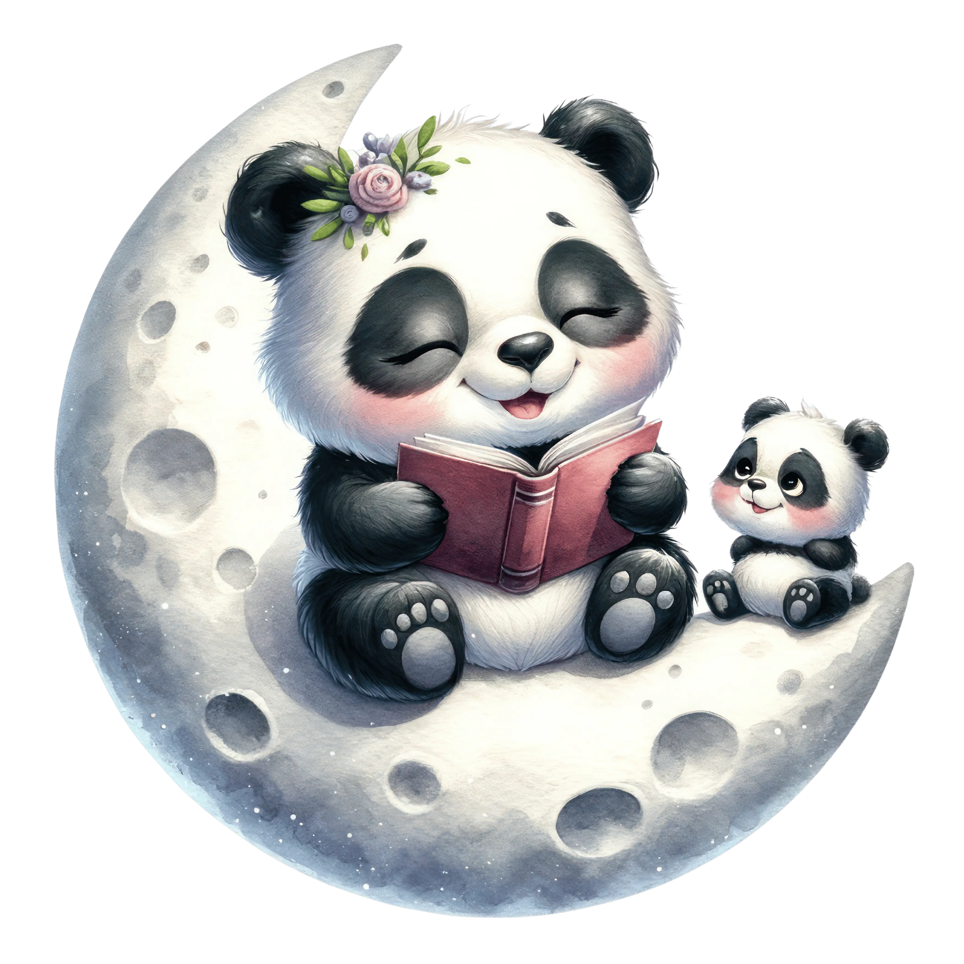 Bügelbild Mama und Baby Panda liest auf dem Mond - Fylou's Style