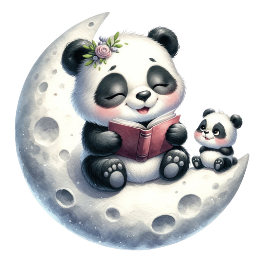 Bügelbild Mama und Baby Panda liest auf dem Mond - Fylou's Style