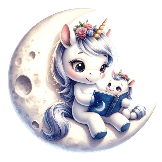 Bügelbild Mama und Baby Einhorn liest auf dem Mond - Fylou's Style