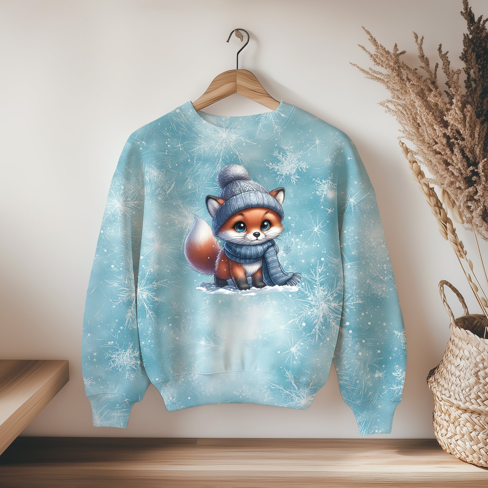 Hoodie aus Eisflocken Eisblau Bio Stoff mit Fuchs Bügelbild