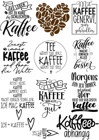 Rub On Bogen "Kaffee" Sticker Sprüche, randlose Rub ons