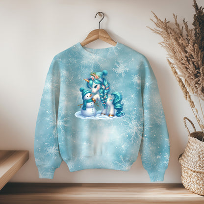 Hoodie aus Eisflocken Eisblau Bio Stoff mit Einhorn Bügelbild