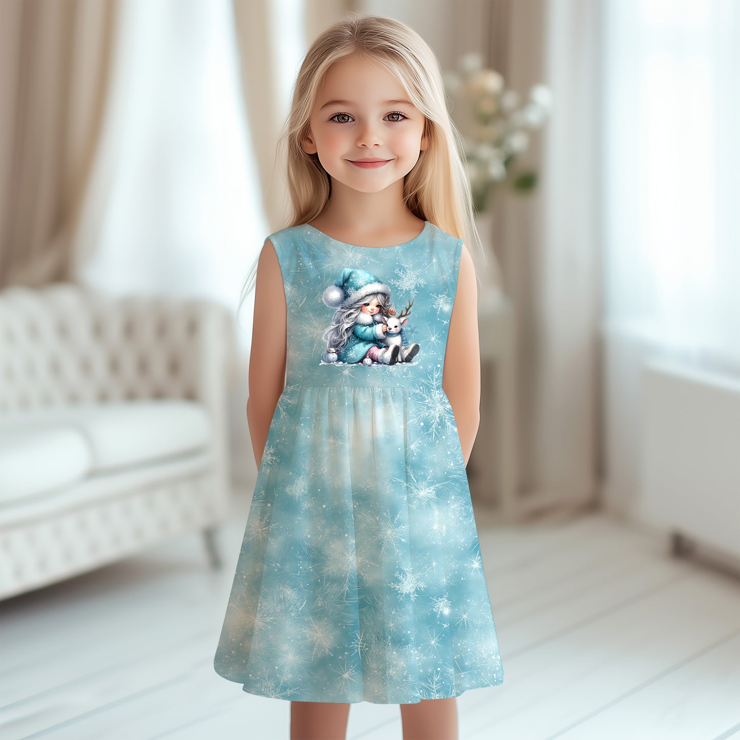 Winterkleid für Mädchen aus Eisflocken Eisblau French Terry