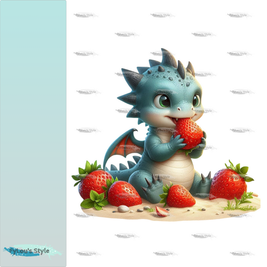 Bügelbild kleiner Dino nascht Erdbeeren