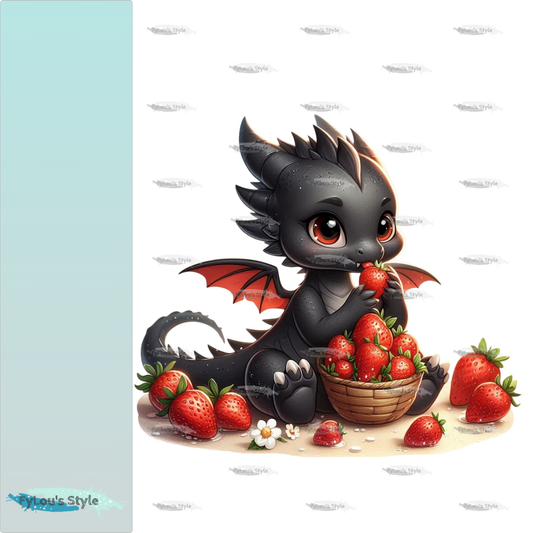Bügelbild kleiner Drache isst Erdbeeren