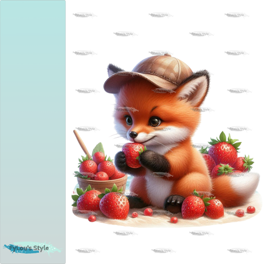 Bügelbild kleiner Fuchs isst Erdbeeren Fylou's Style
