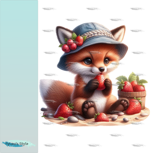 Bügelbild kleiner  Fuchs nascht Erdbeeren Fylou's Style